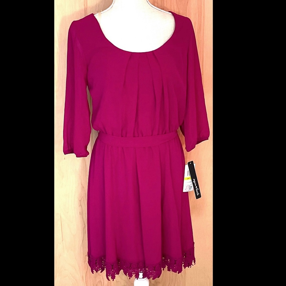 Sequin Hearts Raspberry Pink Dress Lace Trim Hem NWT